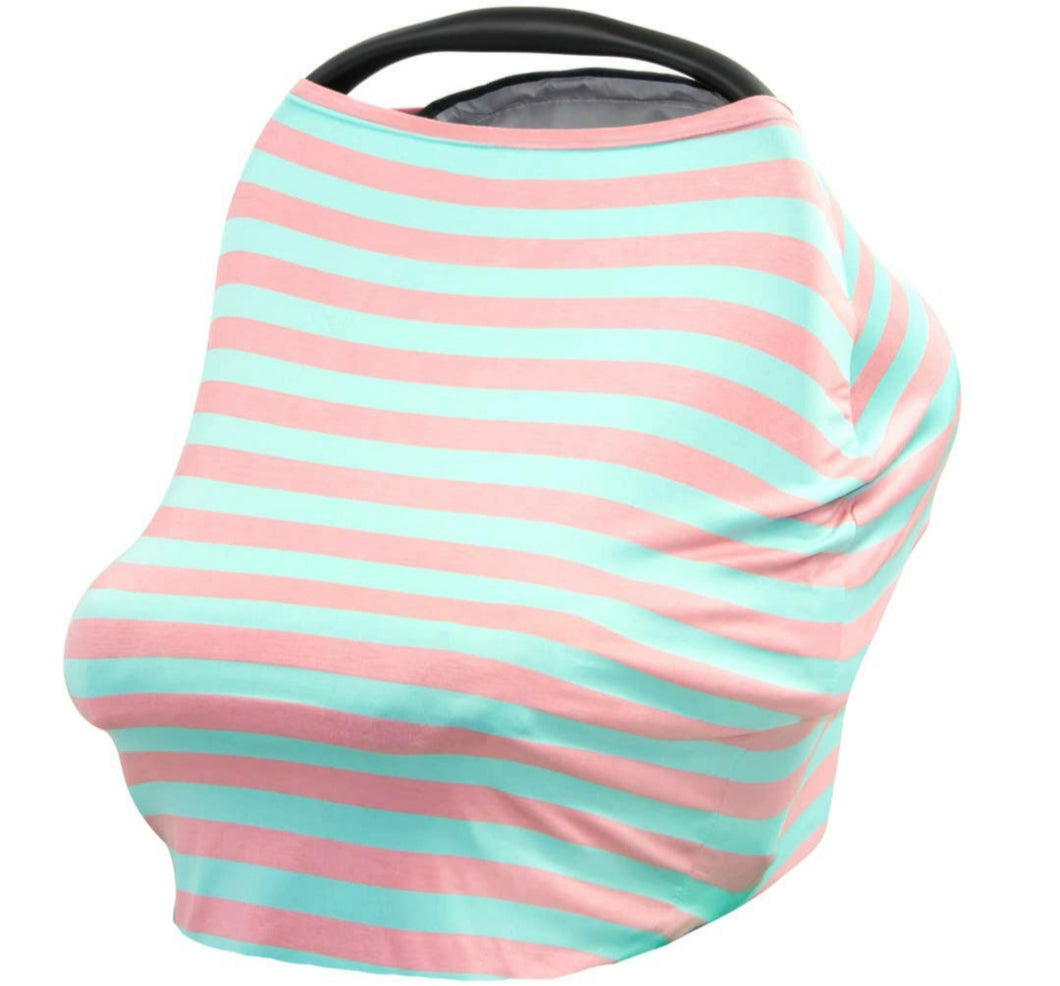 Canopy Car Seat Nursing Cover Pink Aqua Stripe